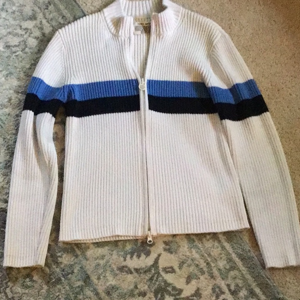 Tory Sport White Zip Front Ribbed Sweater with Blue and Black Stripes